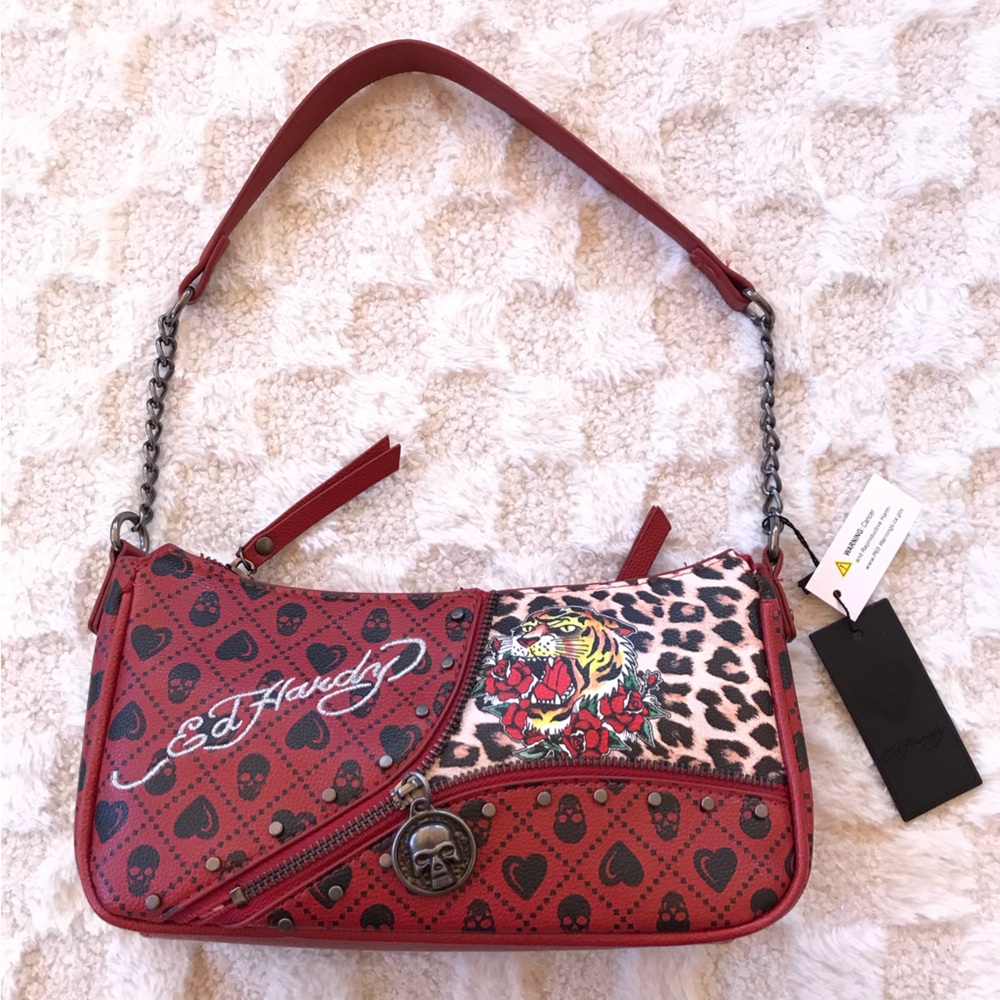 Ed Hardy Red Leopard Tiger themed Shoulder Bag
